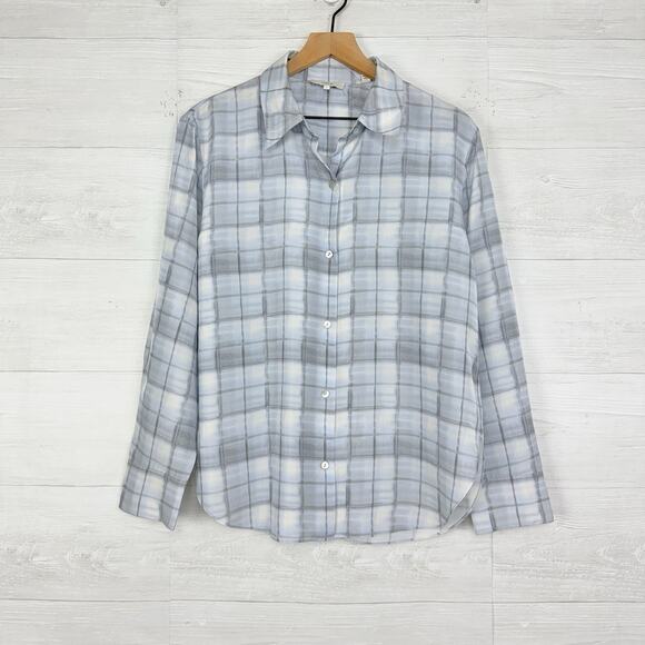 Vince 100% Silk Button Down Long Sleeve Blouse Women M Hazy Plaid Powder Blue - Picture 15 of 16